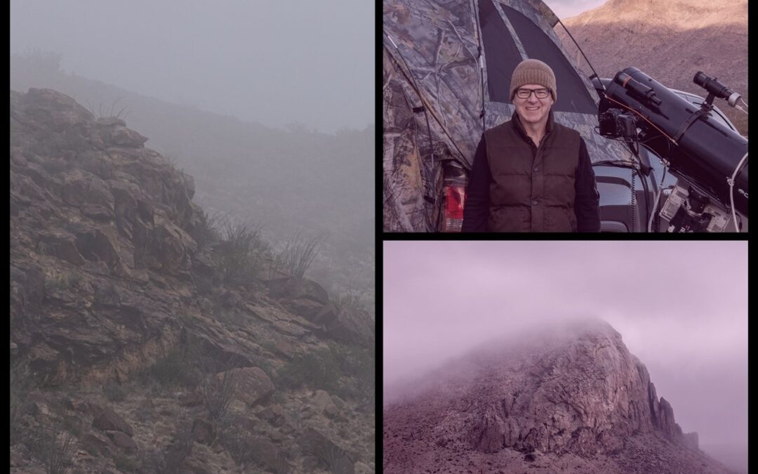 photo combination of foggy mountain shots and the cameraman